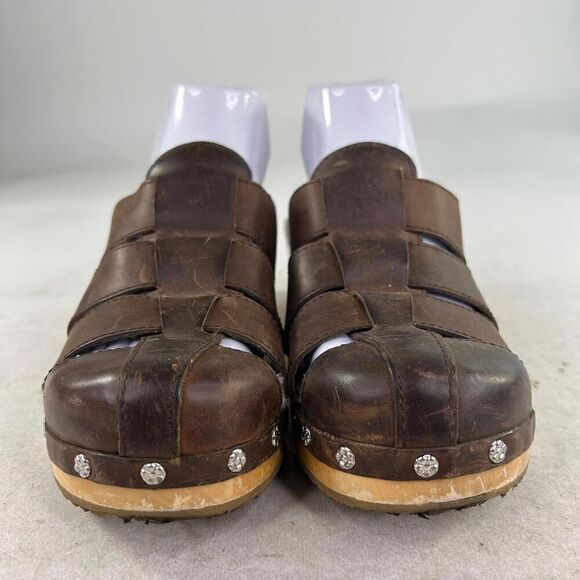 Ugg Australia Ore Fisherman Clogs US 7 Brown Leather Sherpa Lined Wooden Mules - Picture 2 of 11
